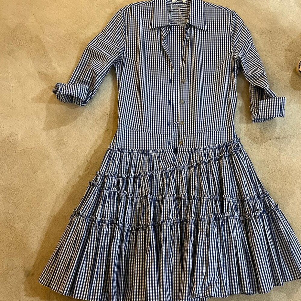 NWT Aqua S Gingham Shirt Dress Fit Flare Retro Tiered Ruffle Plaid Long Sleeve